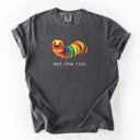 Large Pepper Dark Gray Eat The Rich Hungry Caterpillar Colorful Bold Satire Graphic Style Print Modern Streetwear Statement Comfort Colors Tee