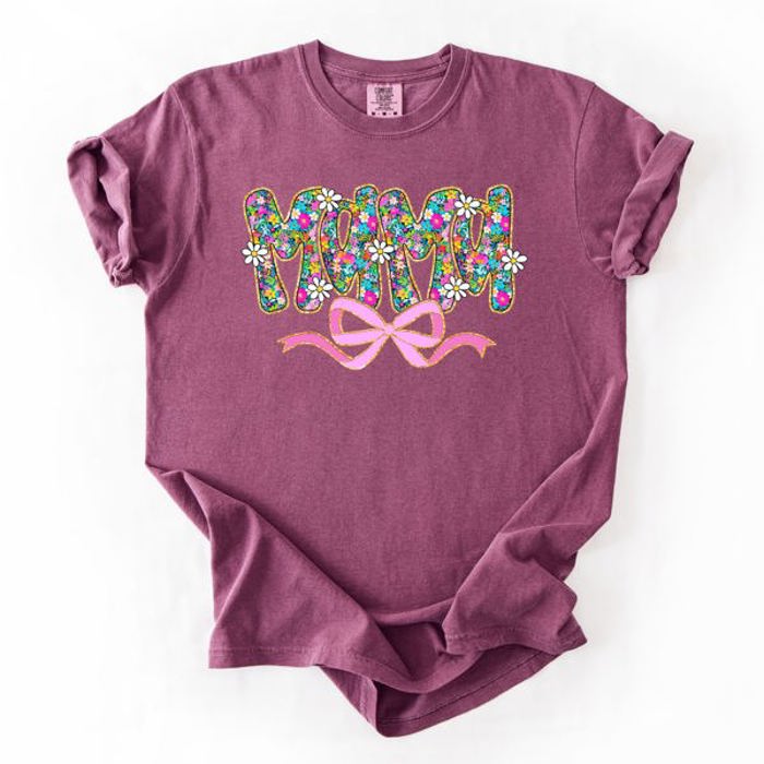 Mama Floral Ribbon Bow Mother's Day Pastel Bouquet Bright Colorful Flowers Comfort Colors Tee