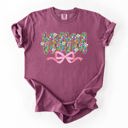XXXL Berry Red Nana Mother's Day Floral Ribbon Bow Pastel Blooms Garden Cheer Comfort Colors Tee