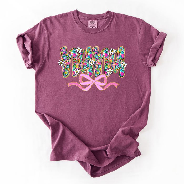 Nana Mother's Day Floral Ribbon Bow Pastel Blooms Garden Cheer Comfort Colors Tee