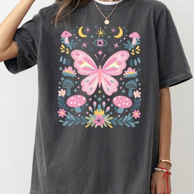 Celestial Butterfly, Stars, Vintage, Pink, Forest, Floral Art Print Comfort Colors Tee