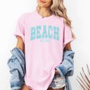 Medium Blossom Light Pink Beach Vibes Varsity Retro Palm Trees Summer Sunset Surfboard Breeze Comfort Colors Tee