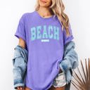 Large Violet Purple Beach Vibes Varsity Retro Palm Trees Summer Sunset Surfboard Breeze Comfort Colors Tee