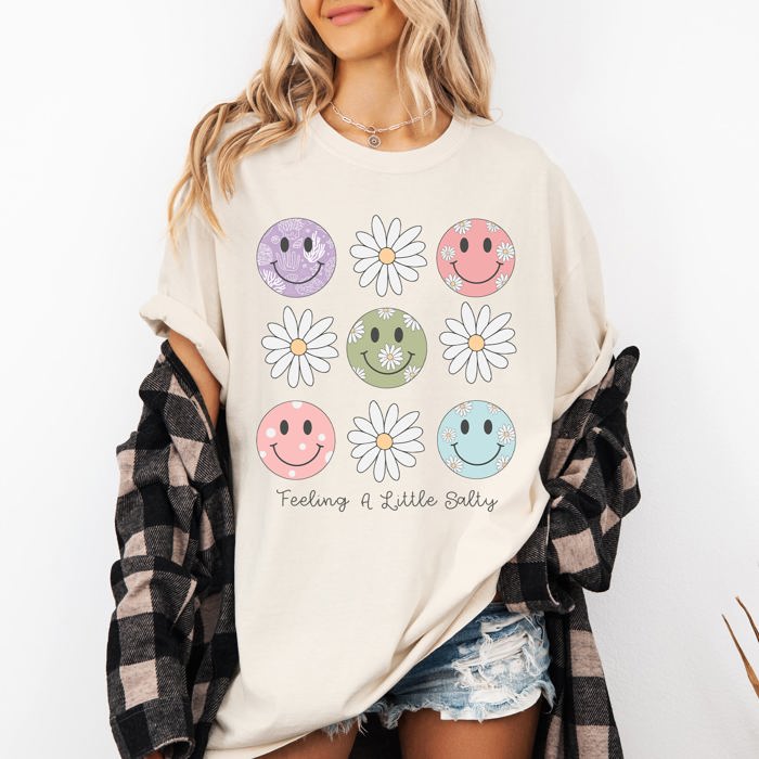 Feeling A Little Salty, Flowers, Retro Smiley Floral Emblem Collection Comfort Colors Tee