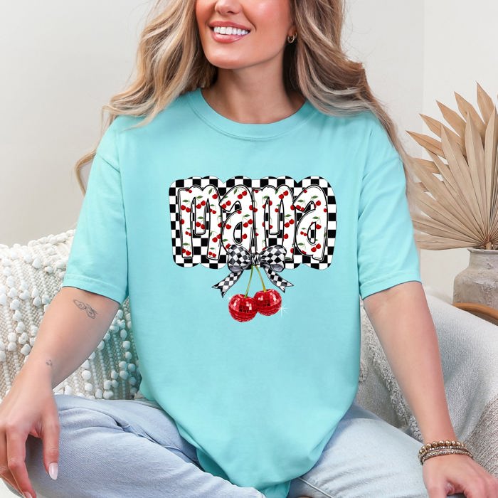 Mama Cherries Checkered Retro Vintage Look Cozy Nostalgic Classic Americana Plaid Vibe Comfort Colors Tee