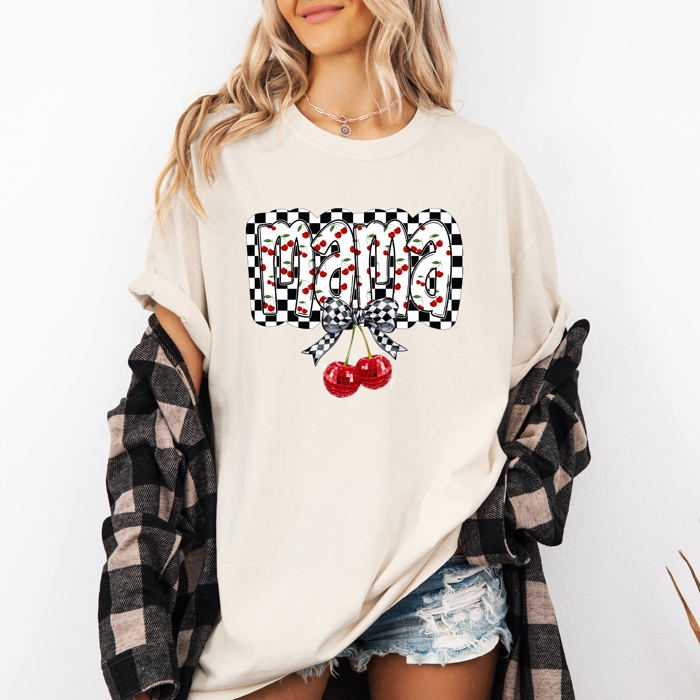 Mama Cherries Checkered Retro Vintage Look Cozy Nostalgic Classic Americana Plaid Vibe Comfort Colors Tee