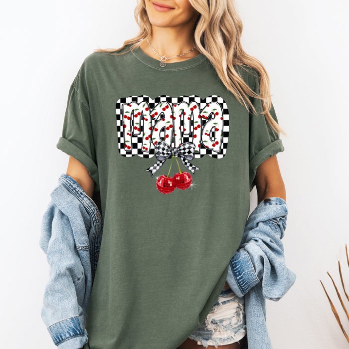 Mama Cherries Checkered Retro Vintage Look Cozy Nostalgic Classic Americana Plaid Vibe Comfort Colors Tee