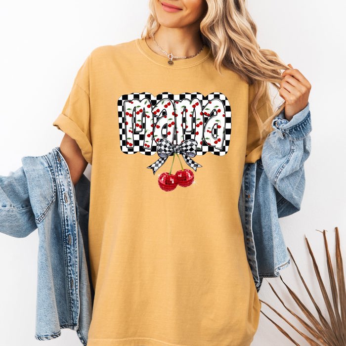 Mama Cherries Checkered Retro Vintage Look Cozy Nostalgic Classic Americana Plaid Vibe Comfort Colors Tee