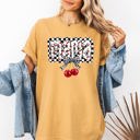 Medium Mustard Mama Cherries Checkered Retro Vintage Look Cozy Nostalgic Classic Americana Plaid Vibe Comfort Colors Tee