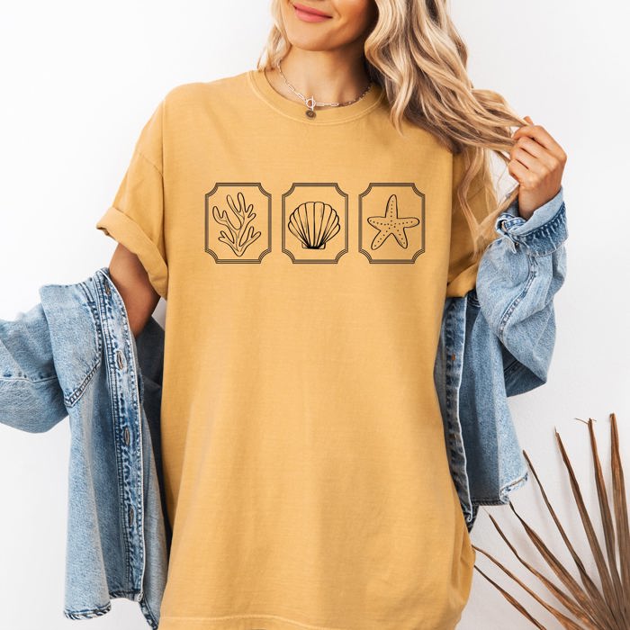 Minimalist Sea Life, Seashells, Summer, Beach Coastal Print Design Comfort Colors Tee