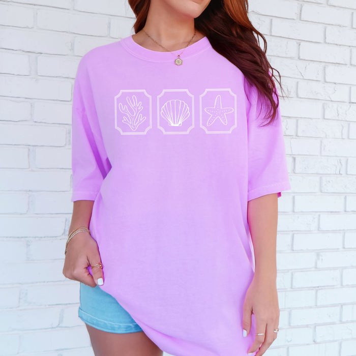 Minimalist Sea Life, Seashells, Summer, Beach Coastal Print Design Comfort Colors Tee