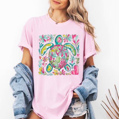Painted Sea Turtle Ocean Beach Scene Illustration With Coral Reef Accents Comfort Colors Tee