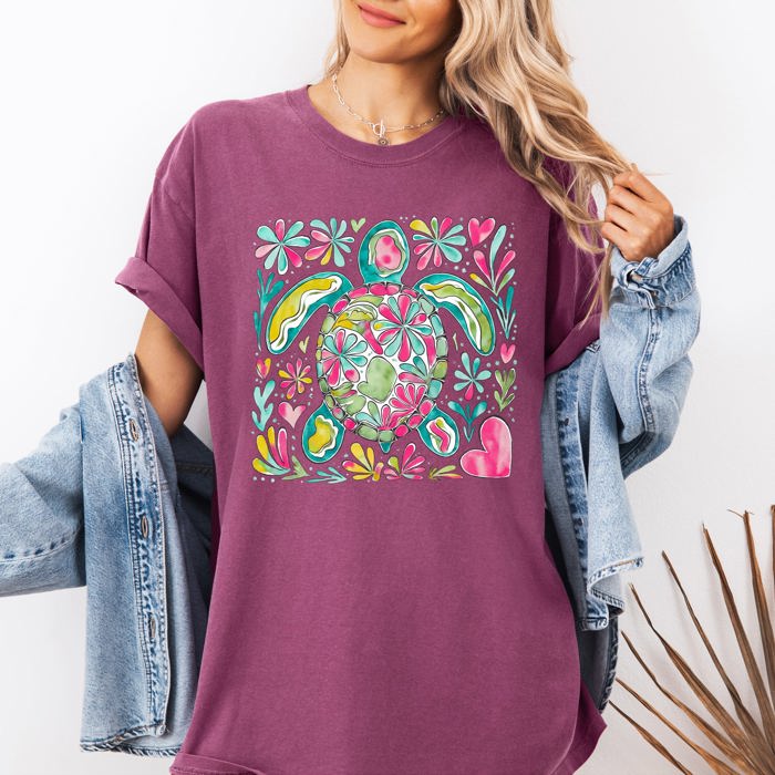 Painted Sea Turtle Ocean Beach Scene Illustration With Coral Reef Accents Comfort Colors Tee