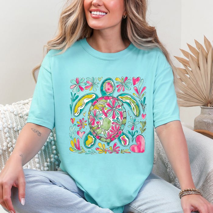 Painted Sea Turtle Ocean Beach Scene Illustration With Coral Reef Accents Comfort Colors Tee