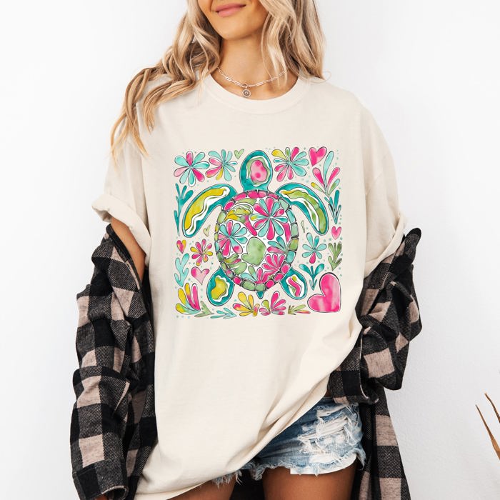 Painted Sea Turtle Ocean Beach Scene Illustration With Coral Reef Accents Comfort Colors Tee
