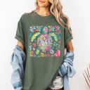 Medium Moss Dark Green Painted Sea Turtle Ocean Beach Scene Illustration With Coral Reef Accents Comfort Colors Tee