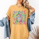 XL Mustard Painted Sea Turtle Ocean Beach Scene Illustration With Coral Reef Accents Comfort Colors Tee