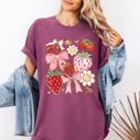 Large Berry Red Retro Strawberries And Daisies Vintage Floral Print Pretty Nostalgic Summer Vibe Comfort Colors Tee