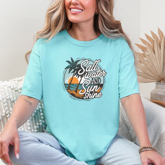 Salt Water And Sunshine Summer Beach Paradise Print And Seaside Vibes Comfort Colors Tee