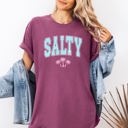 Medium Berry Red Salty Varsity Palm Trees Summer Beach Coastal Vibes For Sunny Days Comfort Colors Tee