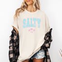 Medium Ivory Cream Salty Varsity Palm Trees Summer Beach Coastal Vibes For Sunny Days Comfort Colors Tee