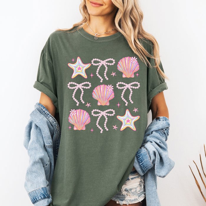 Seashell Beach Coquette Pearls Ribbon Summer Sunset Limited Edition Coastal Print Comfort Colors Tee