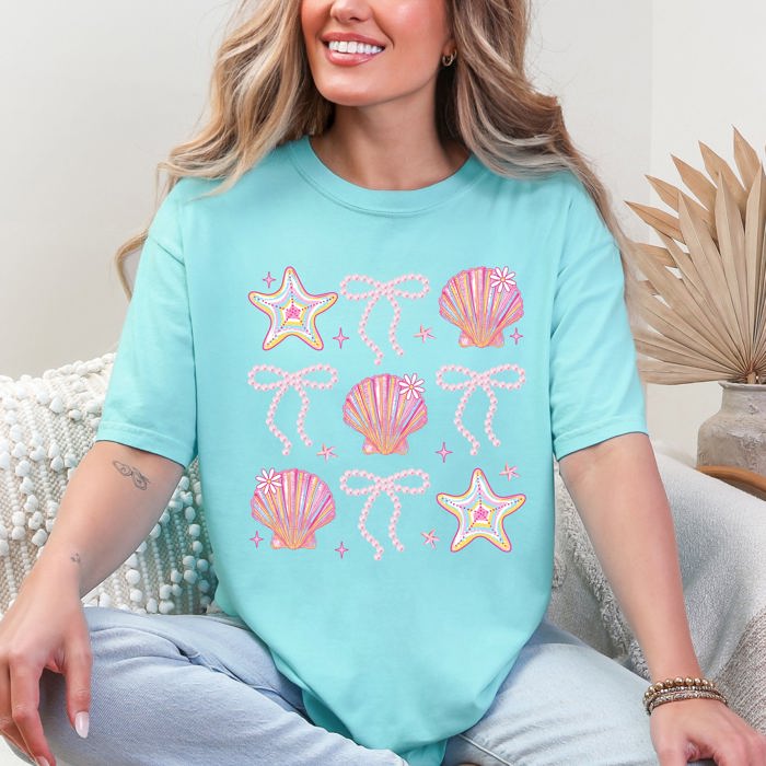 Seashell Beach Coquette Pearls Ribbon Summer Sunset Limited Edition Coastal Print Comfort Colors Tee