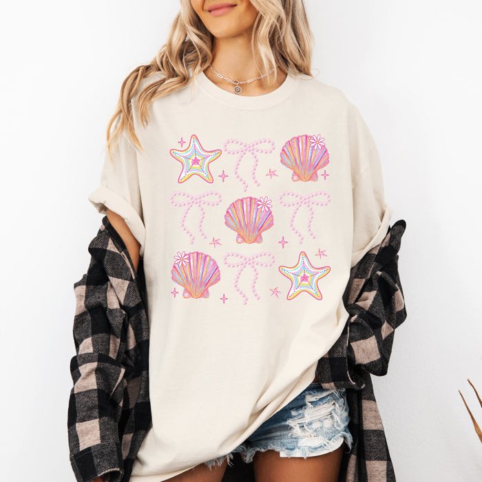 Seashell Beach Coquette Pearls Ribbon Summer Sunset Limited Edition Coastal Print Comfort Colors Tee