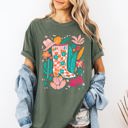 Medium Moss Dark Green Summer Retro Cowboy Boot Cowgirl Floral Botanical Southwestern Western Print Artwork Comfort Colors Tee