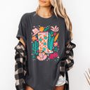 Large Pepper Dark Gray Summer Retro Cowboy Boot Cowgirl Floral Botanical Southwestern Western Print Artwork Comfort Colors Tee