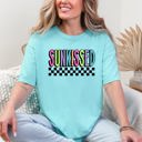 Small Chalky Mint Sunkissed Retro Checkered Beach Summer Sunset Vibes Resort Edition Comfort Colors Tee