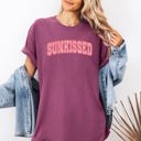 Small Berry Red Sunkissed Varsity Retro Palm Trees Summer Summertime Beach Print Comfort Colors Tee