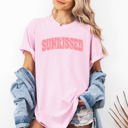Medium Blossom Light Pink Sunkissed Varsity Retro Palm Trees Summer Summertime Beach Print Comfort Colors Tee
