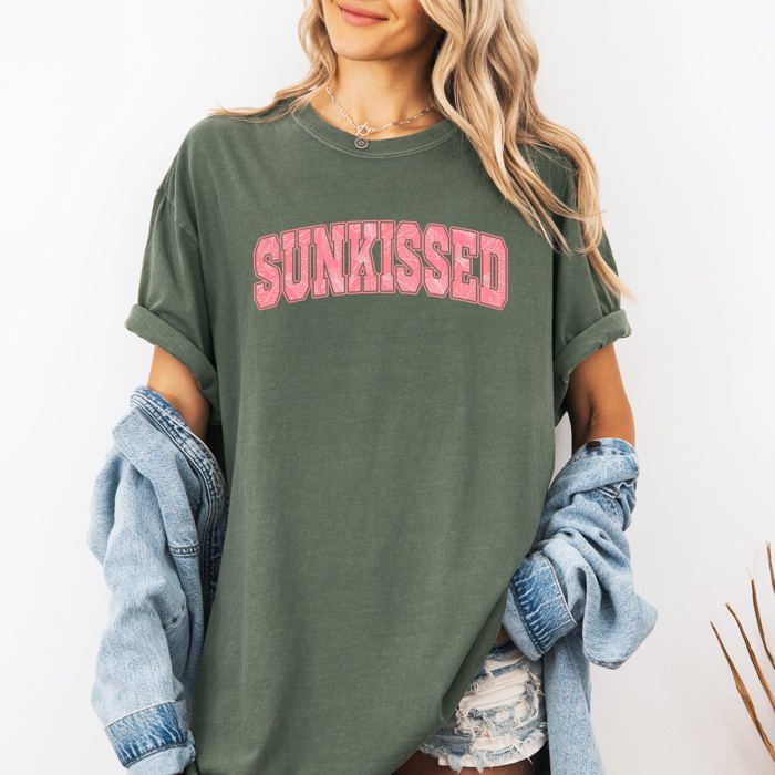 Sunkissed Varsity Retro Palm Trees Summer Summertime Beach Print Comfort Colors Tee