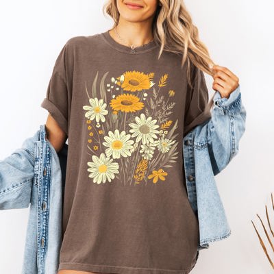 Wildflower Collage Bouquet Vintage Nature Garden Inspired Art Print Comfort Colors Tee