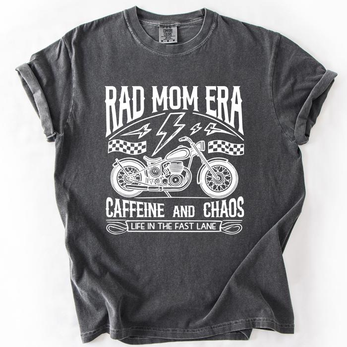 Rad Mom Era Caffeine and Chaos Sassy Mama Mother Real Life Supermom Everyday Hustle Coffee Loving Comfort Colors Tee