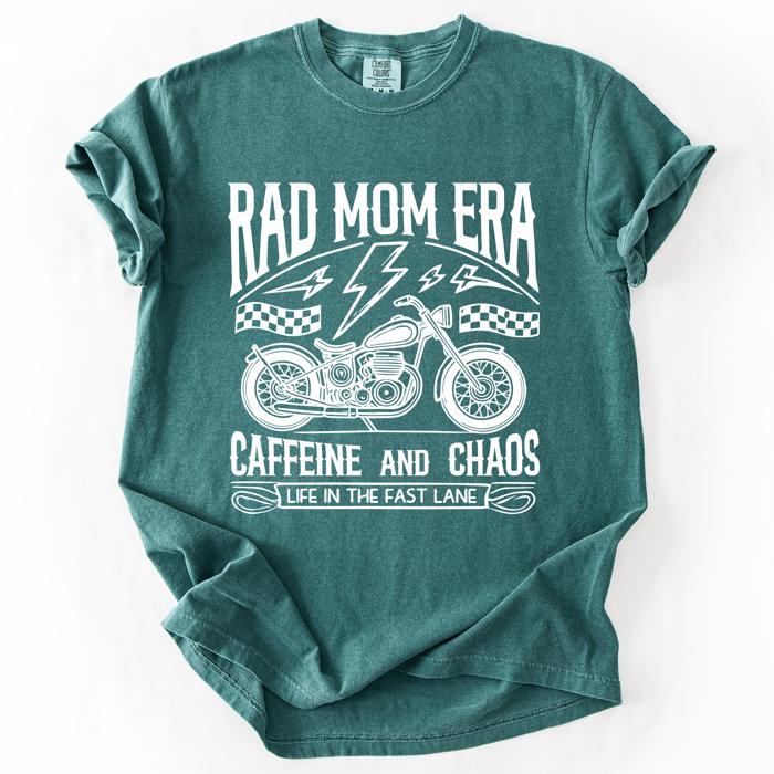 Rad Mom Era Caffeine and Chaos Sassy Mama Mother Real Life Supermom Everyday Hustle Coffee Loving Comfort Colors Tee