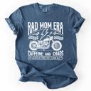 Small Denim Blue Rad Mom Era Caffeine and Chaos Sassy Mama Mother Real Life Supermom Everyday Hustle Coffee Loving Comfort Colors Tee