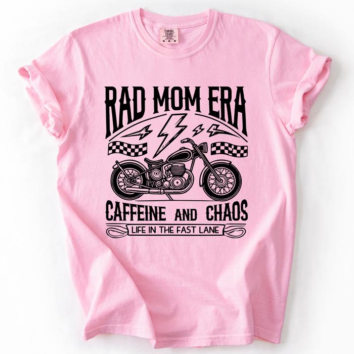 Rad Mom Era Caffeine and Chaos Sassy Mama Mother Real Life Supermom Everyday Hustle Coffee Loving Comfort Colors Tee