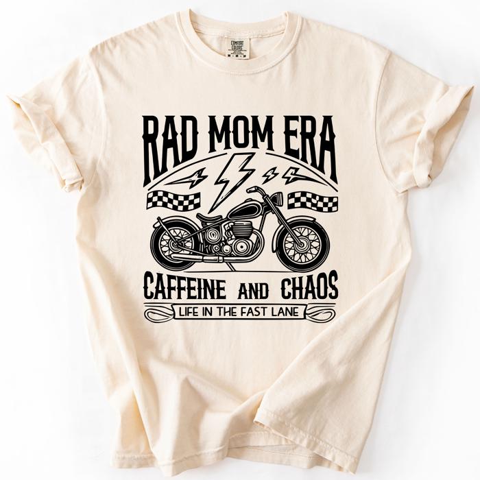Rad Mom Era Caffeine and Chaos Sassy Mama Mother Real Life Supermom Everyday Hustle Coffee Loving Comfort Colors Tee
