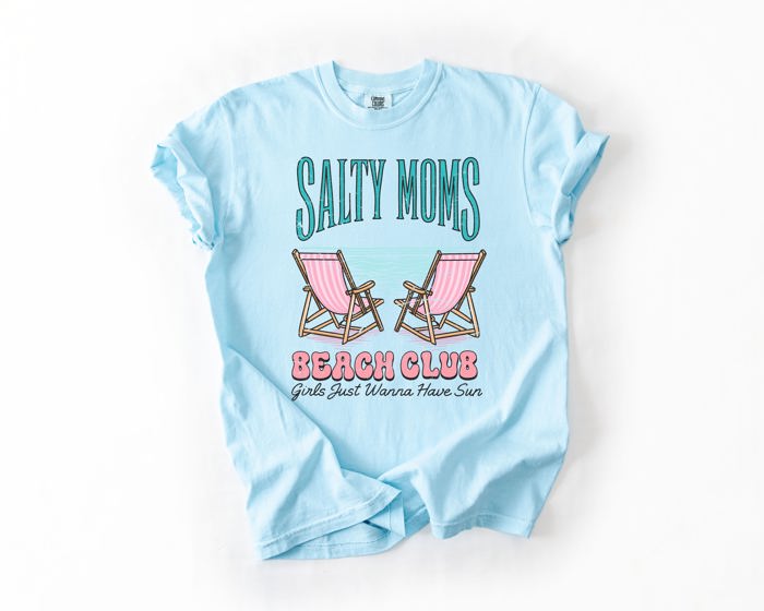 Salty Moms Beach Club Summer Beach Sea Life Outdoor Travel Western Country Comfort Colors Tee