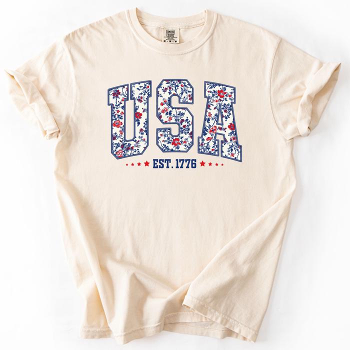 USA Floral Pattern Est 1776 Patriotic America Flag Inspired Edition Comfort Colors Tee