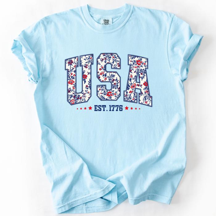 USA Floral Pattern Est 1776 Patriotic America Flag Inspired Edition Comfort Colors Tee