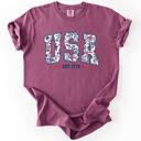 Large Berry Red USA Floral Pattern Est 1776 Patriotic America Flag Inspired Edition Comfort Colors Tee