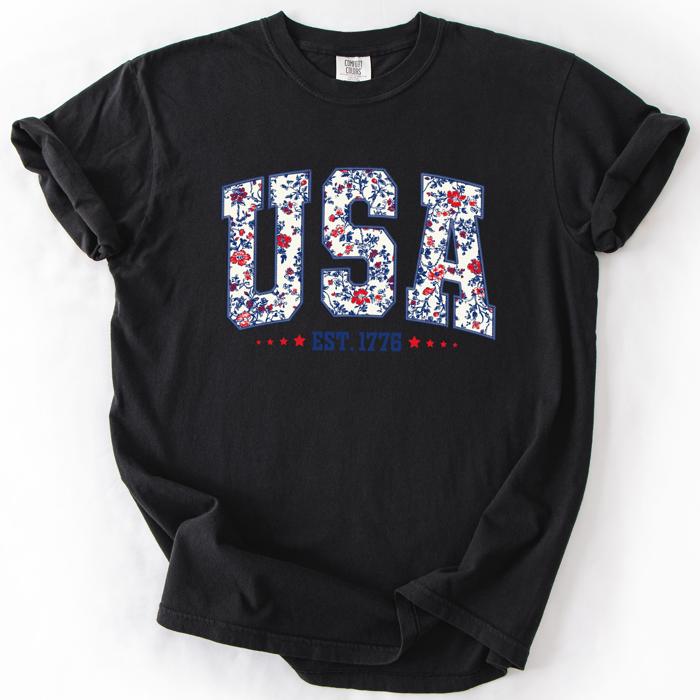USA Floral Pattern Est 1776 Patriotic America Flag Inspired Edition Comfort Colors Tee