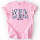 Large Blossom Light Pink USA Floral Pattern Est 1776 Patriotic America Flag Inspired Edition Comfort Colors Tee