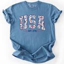 Large Blue Jean USA Floral Pattern Est 1776 Patriotic America Flag Inspired Edition Comfort Colors Tee