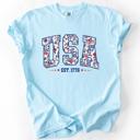 XXL Chambray Baby Blue USA Floral Pattern Est 1776 Patriotic America Flag Inspired Edition Comfort Colors Tee