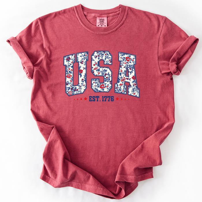 USA Floral Pattern Est 1776 Patriotic America Flag Inspired Edition Comfort Colors Tee