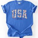 XXL Flo Blue USA Floral Pattern Est 1776 Patriotic America Flag Inspired Edition Comfort Colors Tee